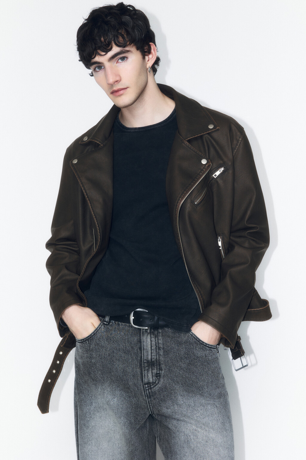 Куртка-косуха с ремнем и вареным эффектом - цвет коричневый - 1