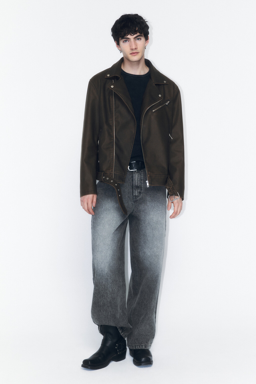 Куртка-косуха с ремнем и вареным эффектом - цвет коричневый - 4