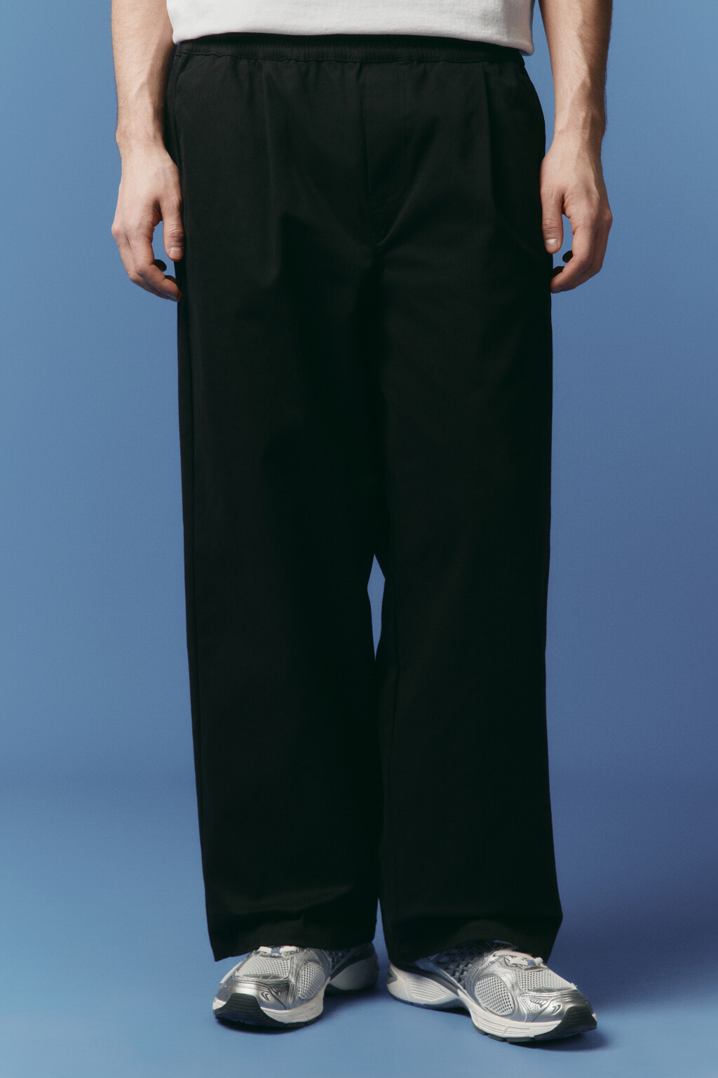 Брюки широкие хлопковые с поясом-резинкой - цвет черный - 2