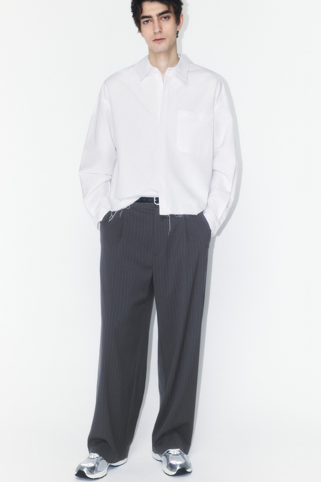 Брюки широкие костюмные со средней посадкой - цвет серый - 1