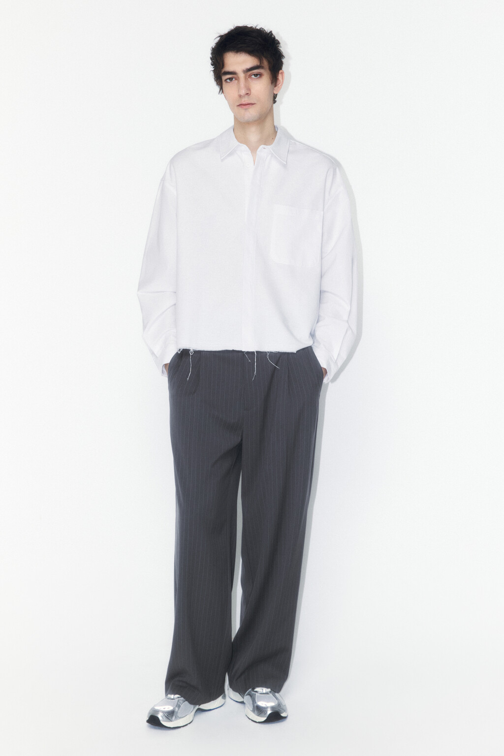 Брюки широкие костюмные со средней посадкой - цвет серый - 4