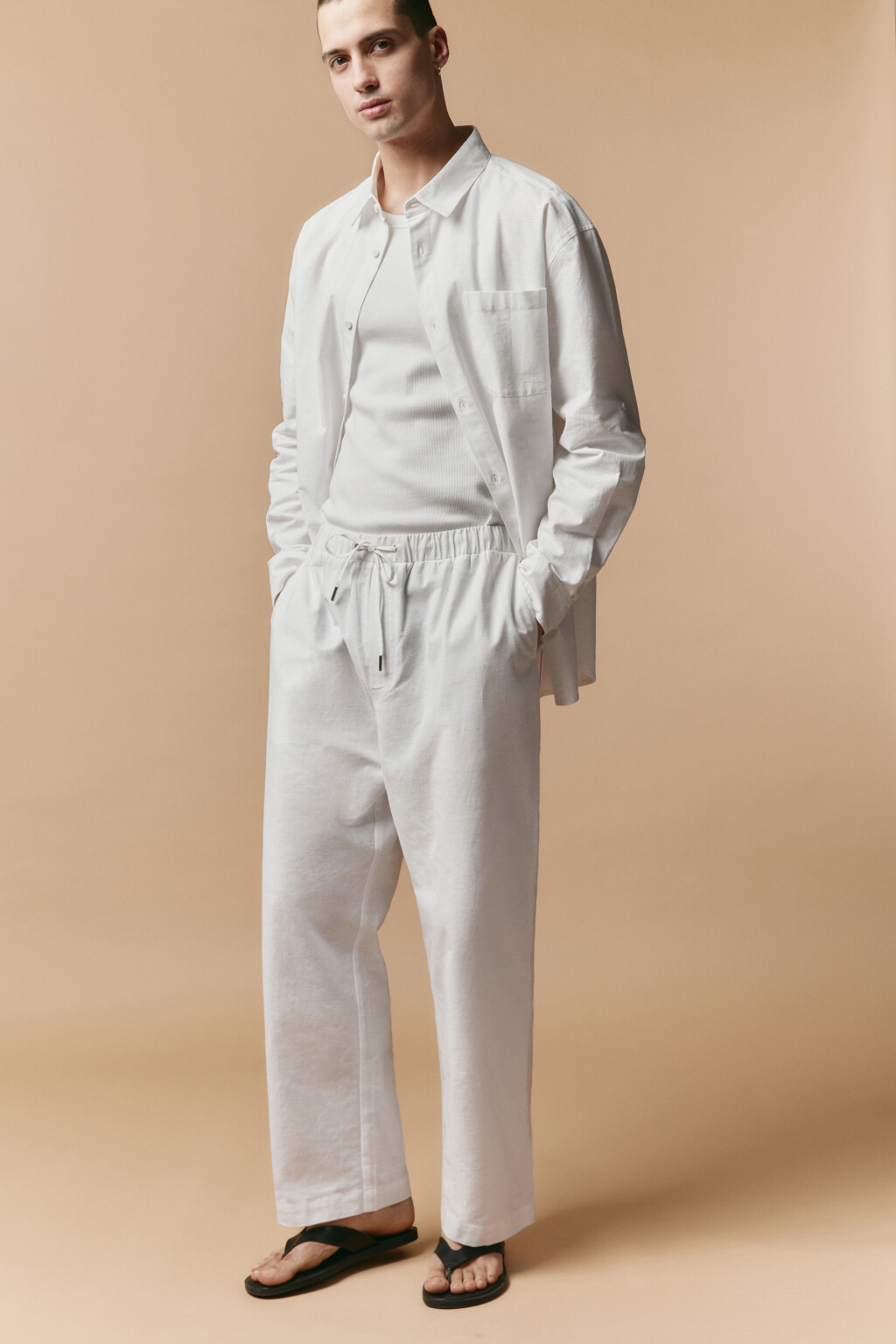 Брюки льняные с поясом на завязках - цвет белый - 2