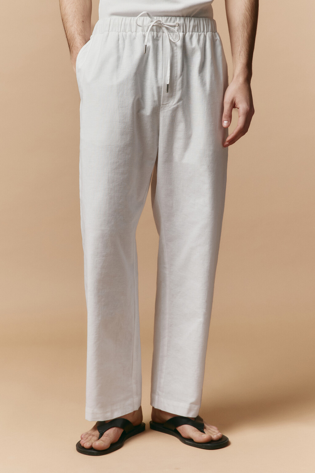 Брюки льняные с поясом на завязках - цвет белый - 3