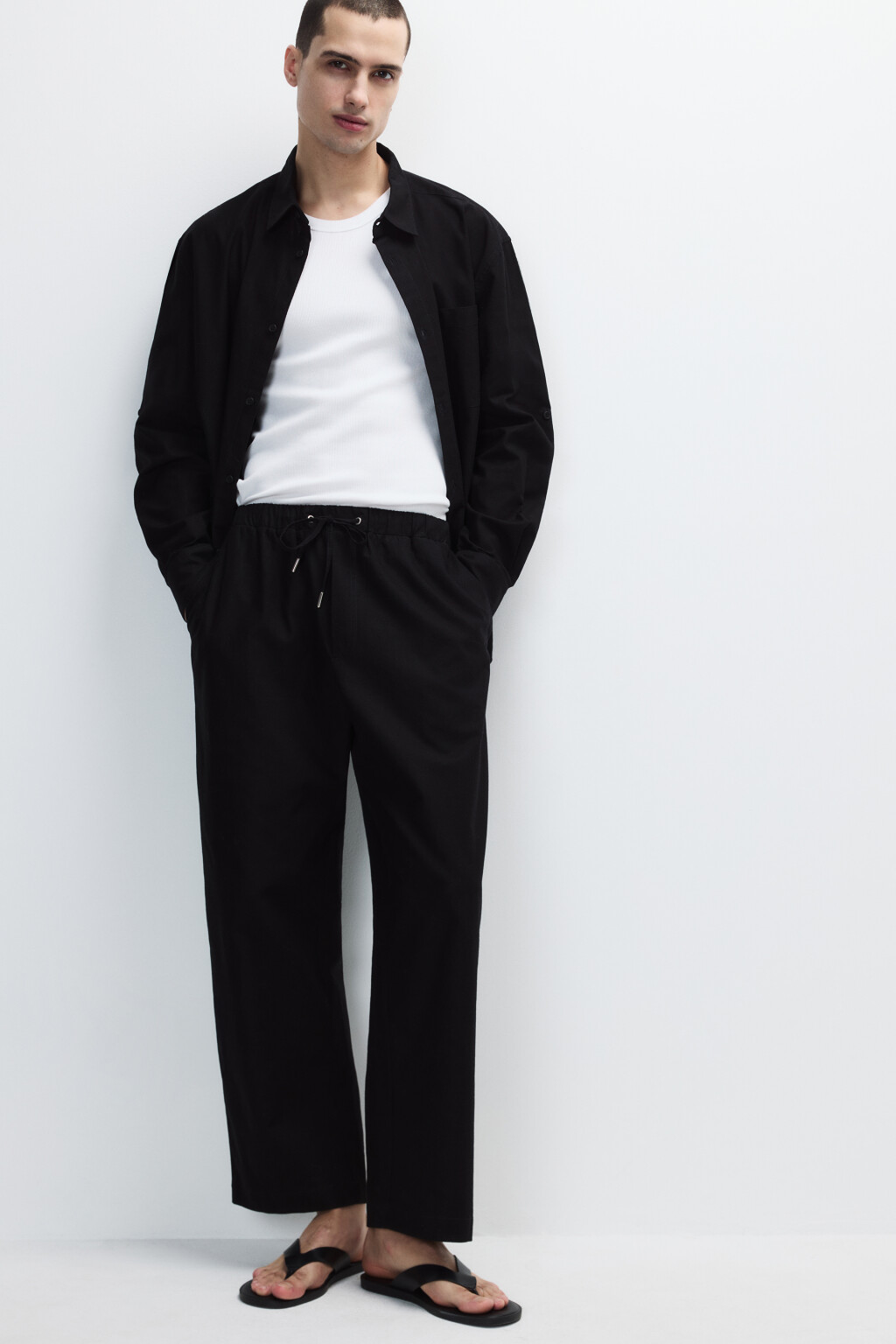Брюки льняные с поясом на завязках - цвет черный - 1