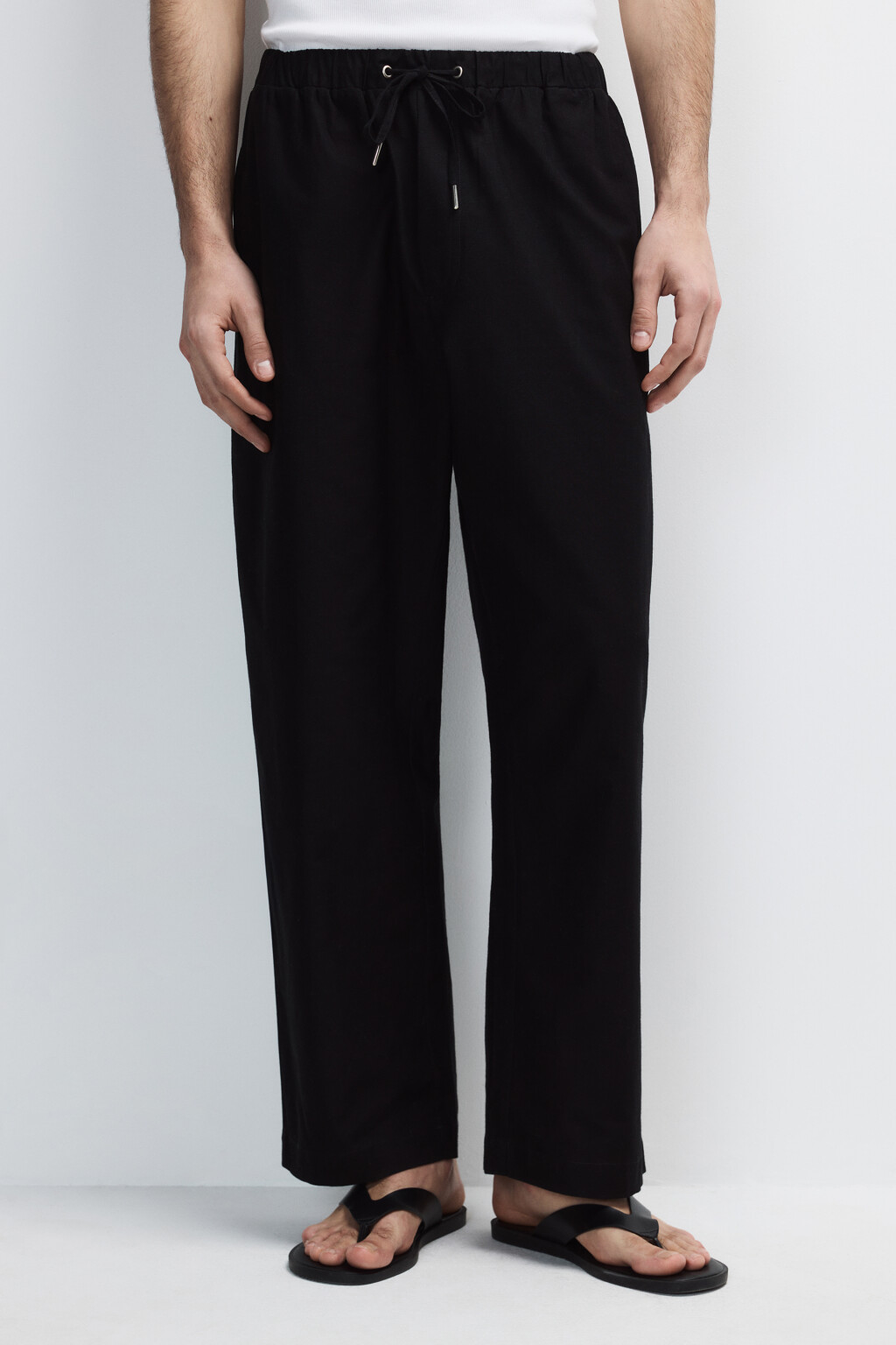 Брюки льняные с поясом на завязках - цвет черный - 2