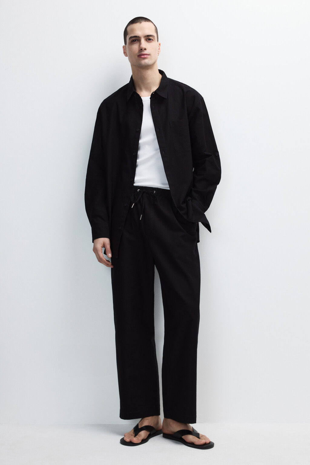 Брюки льняные с поясом на завязках - цвет черный - 4
