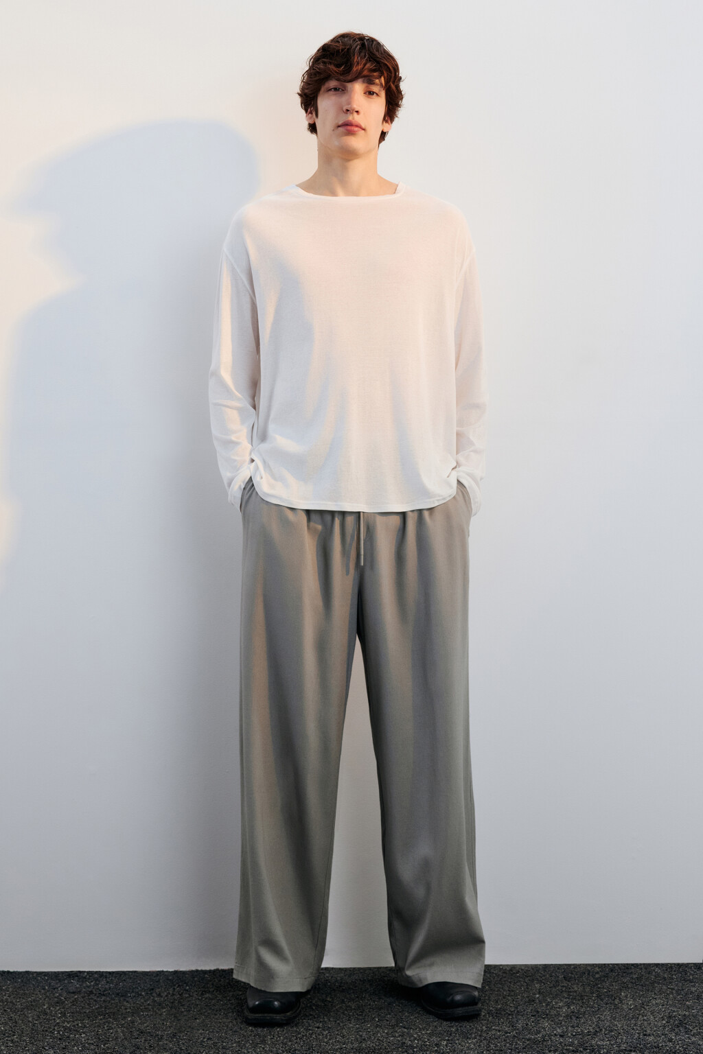 Брюки широкие льняные на завязках - цвет серый - 1