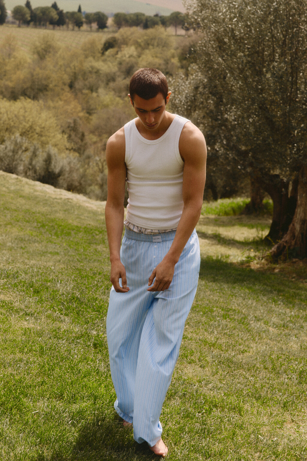 Брюки широкие в пижамном стиле - цвет синий - 8