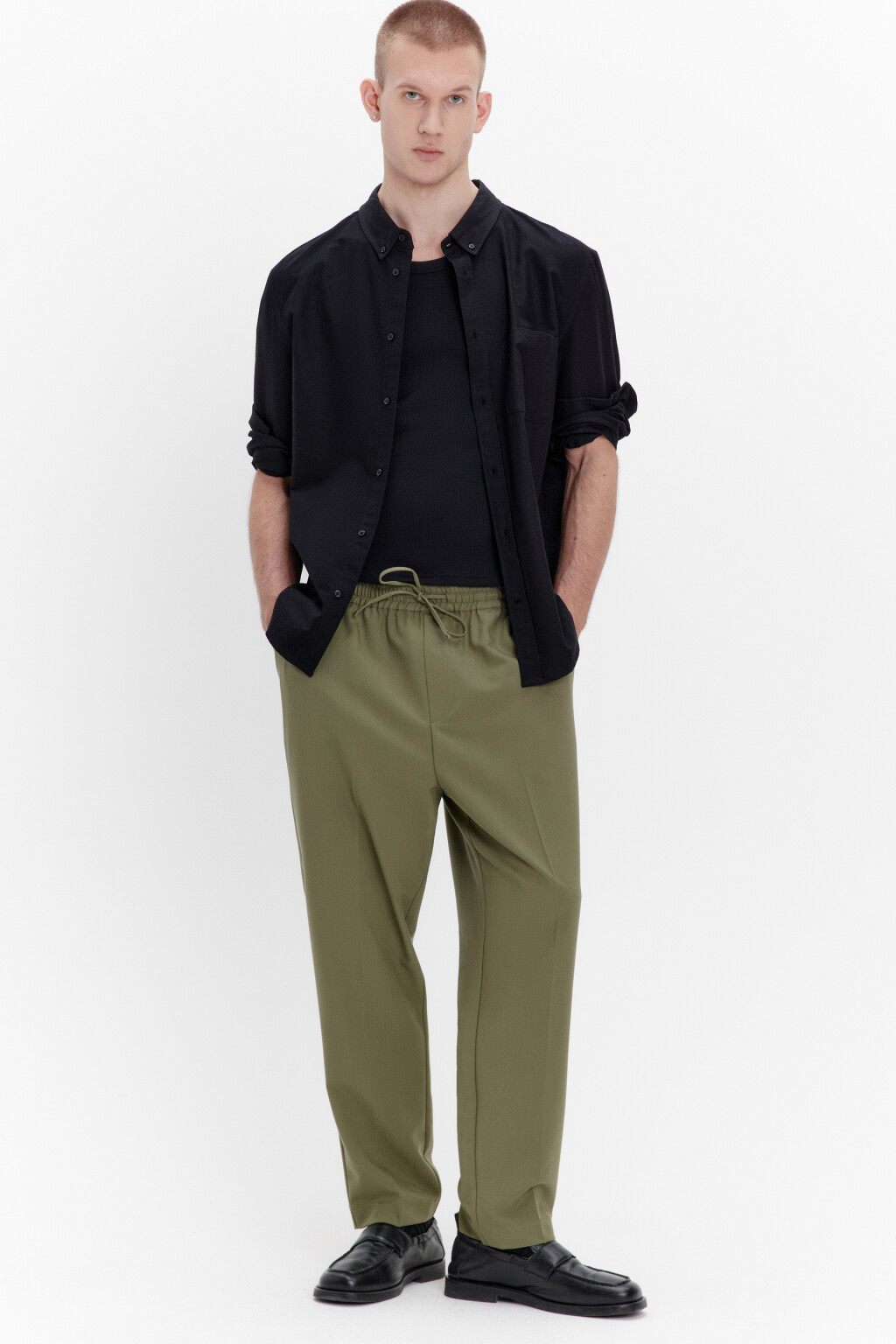 Брюки костюмные с поясом на завязках - цвет зеленый - 1