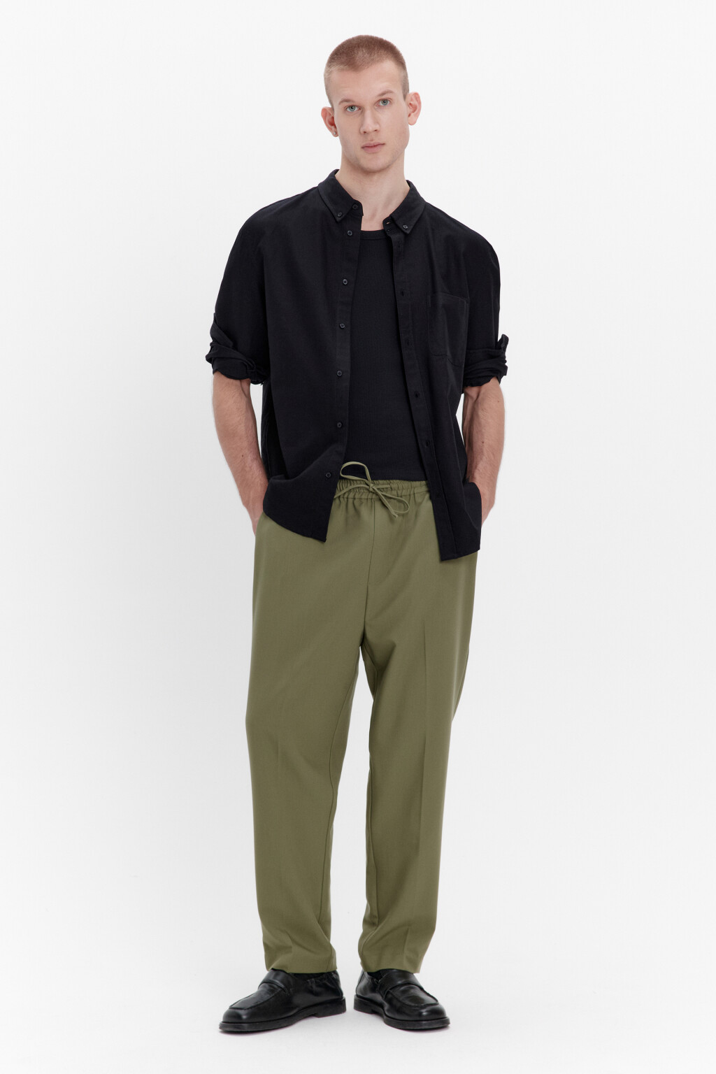 Брюки костюмные с поясом на завязках - цвет зеленый - 4