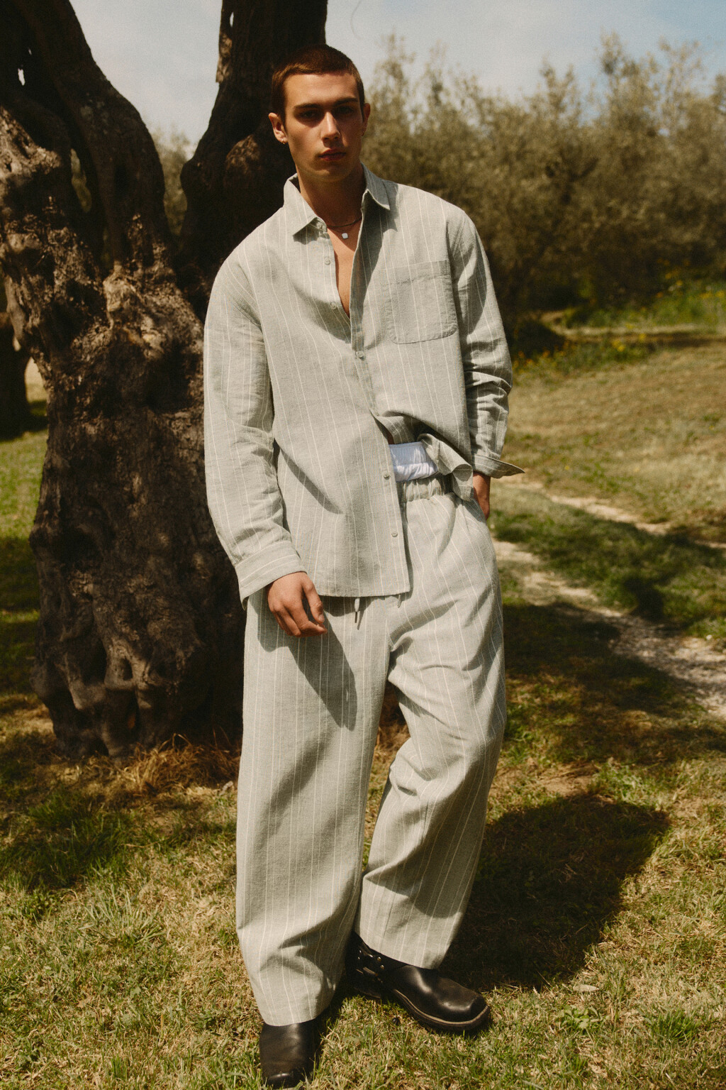 Брюки льняные в полоску - цвет зеленый - 7