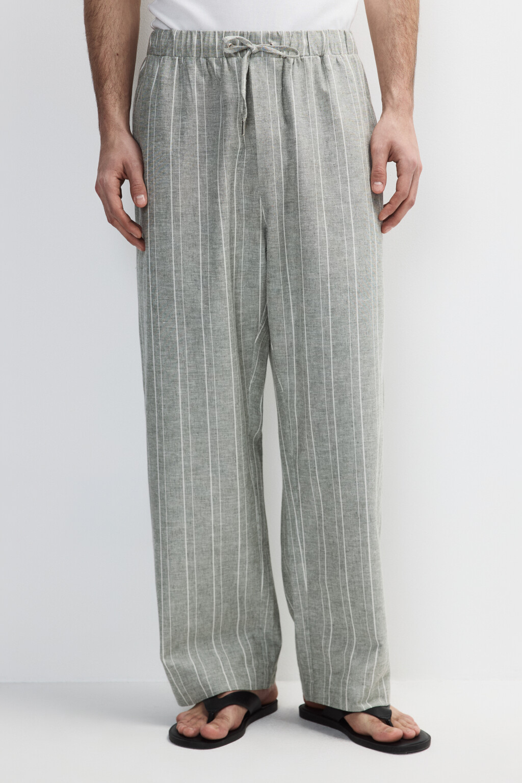 Брюки льняные в полоску - цвет зеленый - 2