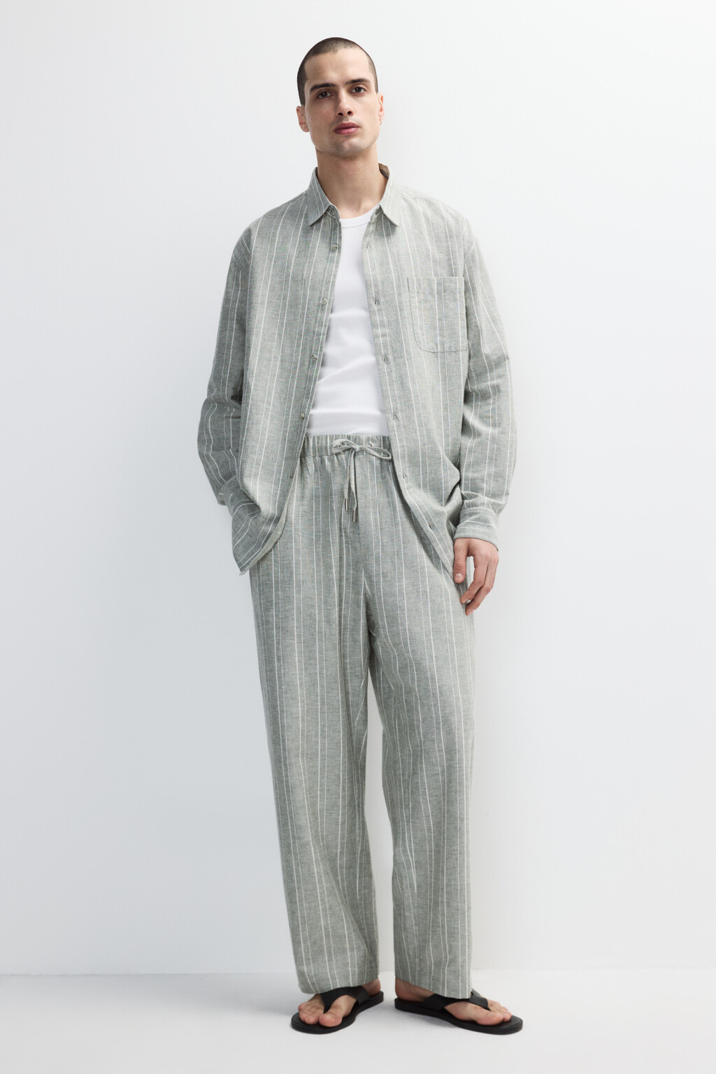 Брюки льняные в полоску - цвет зеленый - 4