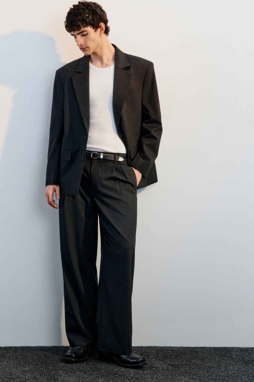 Брюки широкие в полоску - цвет серый - 1