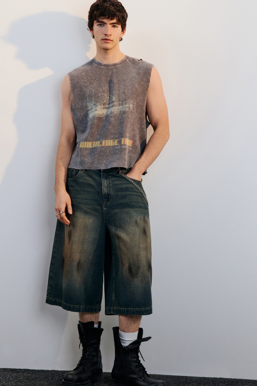 Джортсы широкие с эффектом dirty denim - цвет синий - 1