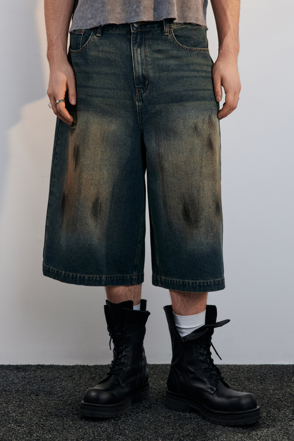 Джортсы широкие с эффектом dirty denim - цвет синий - 3