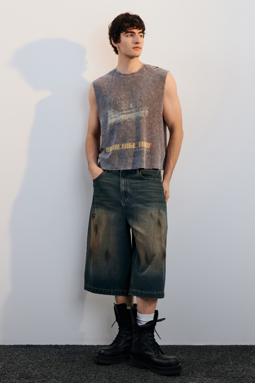 Джортсы широкие с эффектом dirty denim - цвет синий - 5