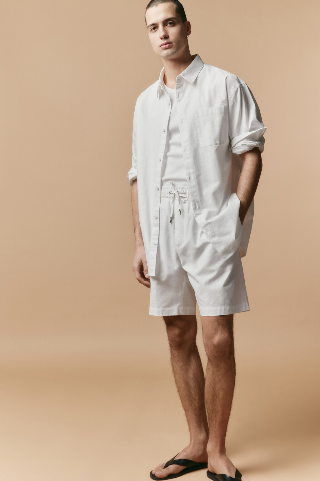 Шорты льняные с поясом на завязках - цвет белый - 2