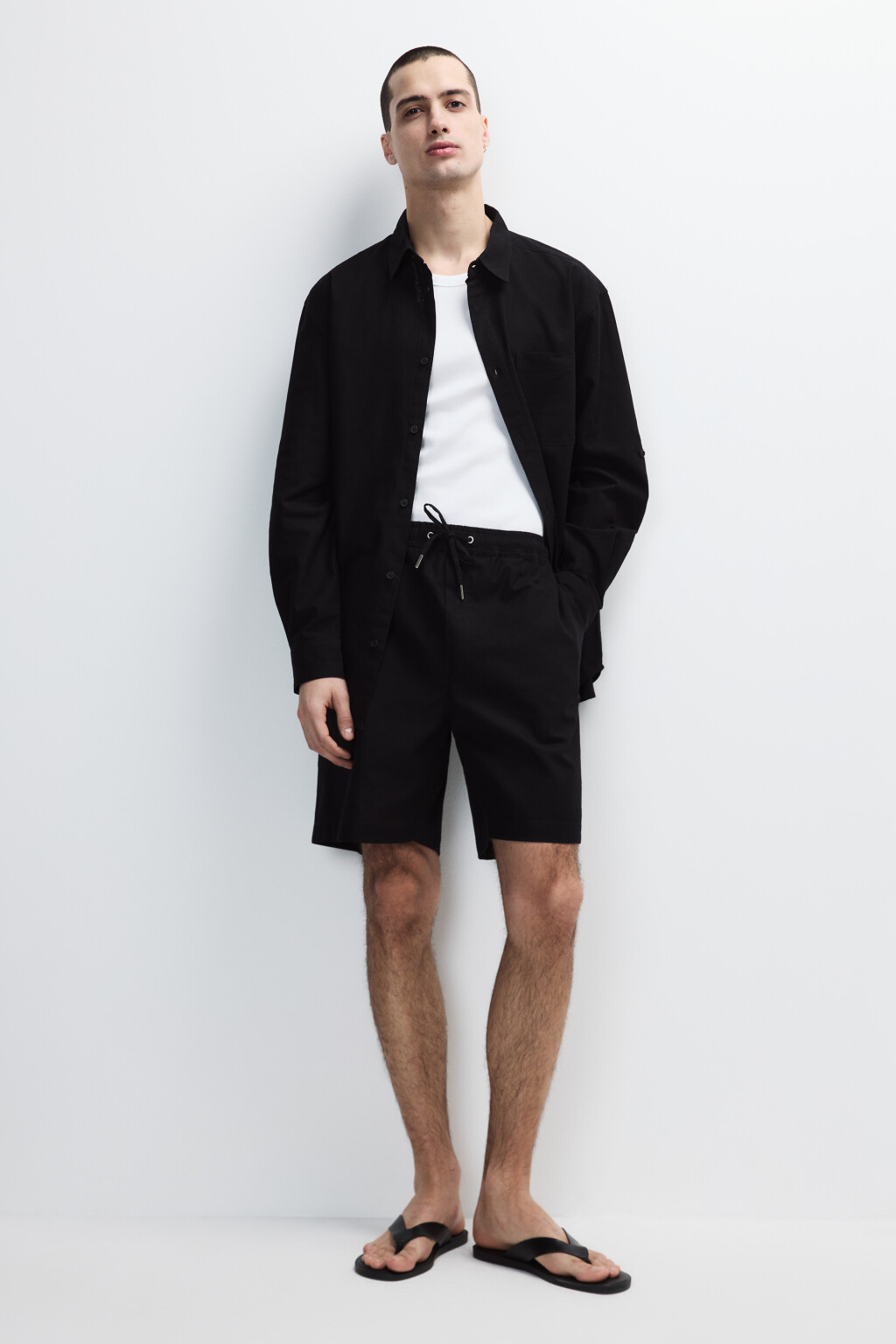 Шорты льняные с поясом на завязках - цвет черный - 4