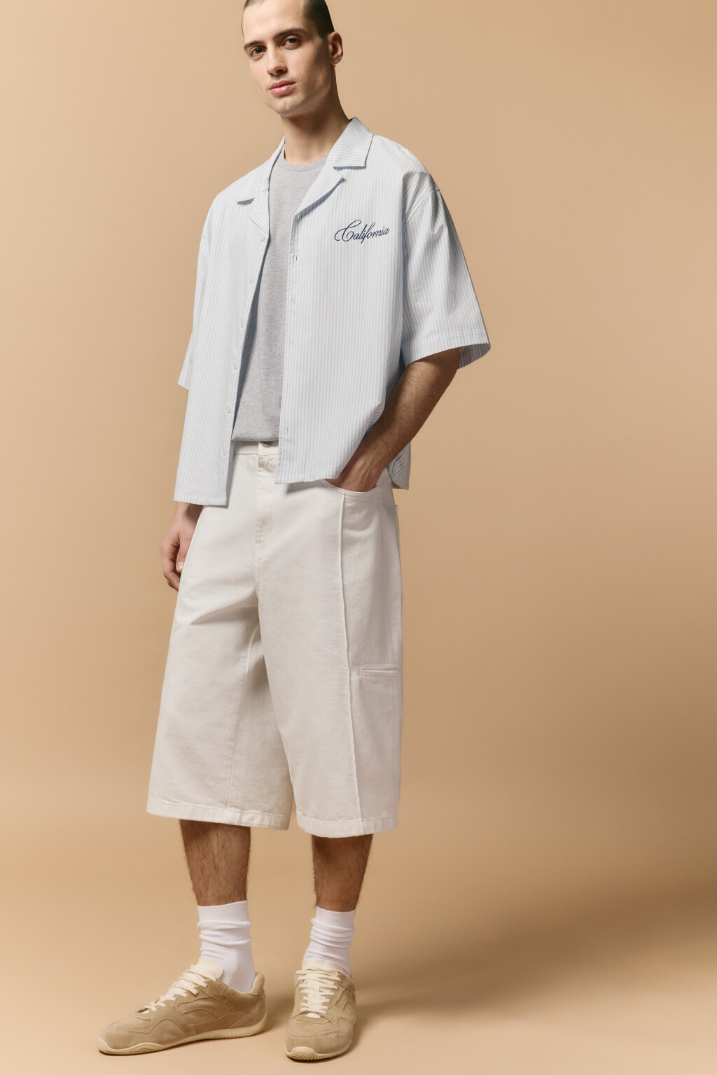 Шорты-бермуды джинсовые прямые - цвет белый - 1