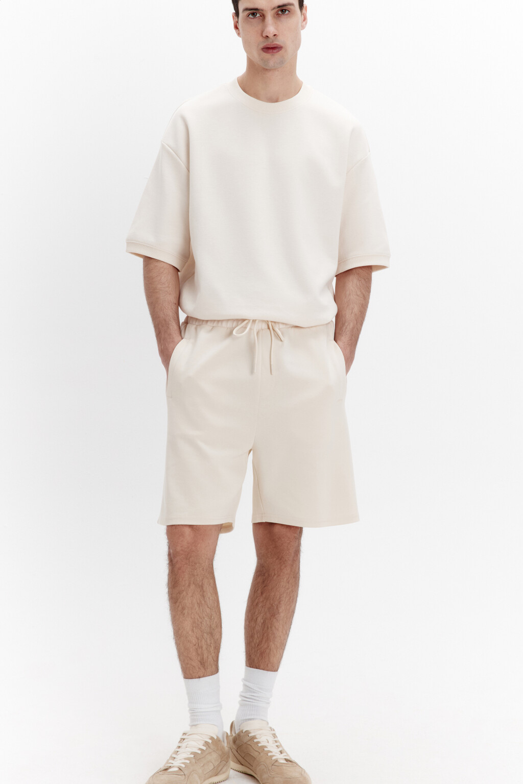 Шорты из футера с поясом на завязках - цвет бежевый - 1