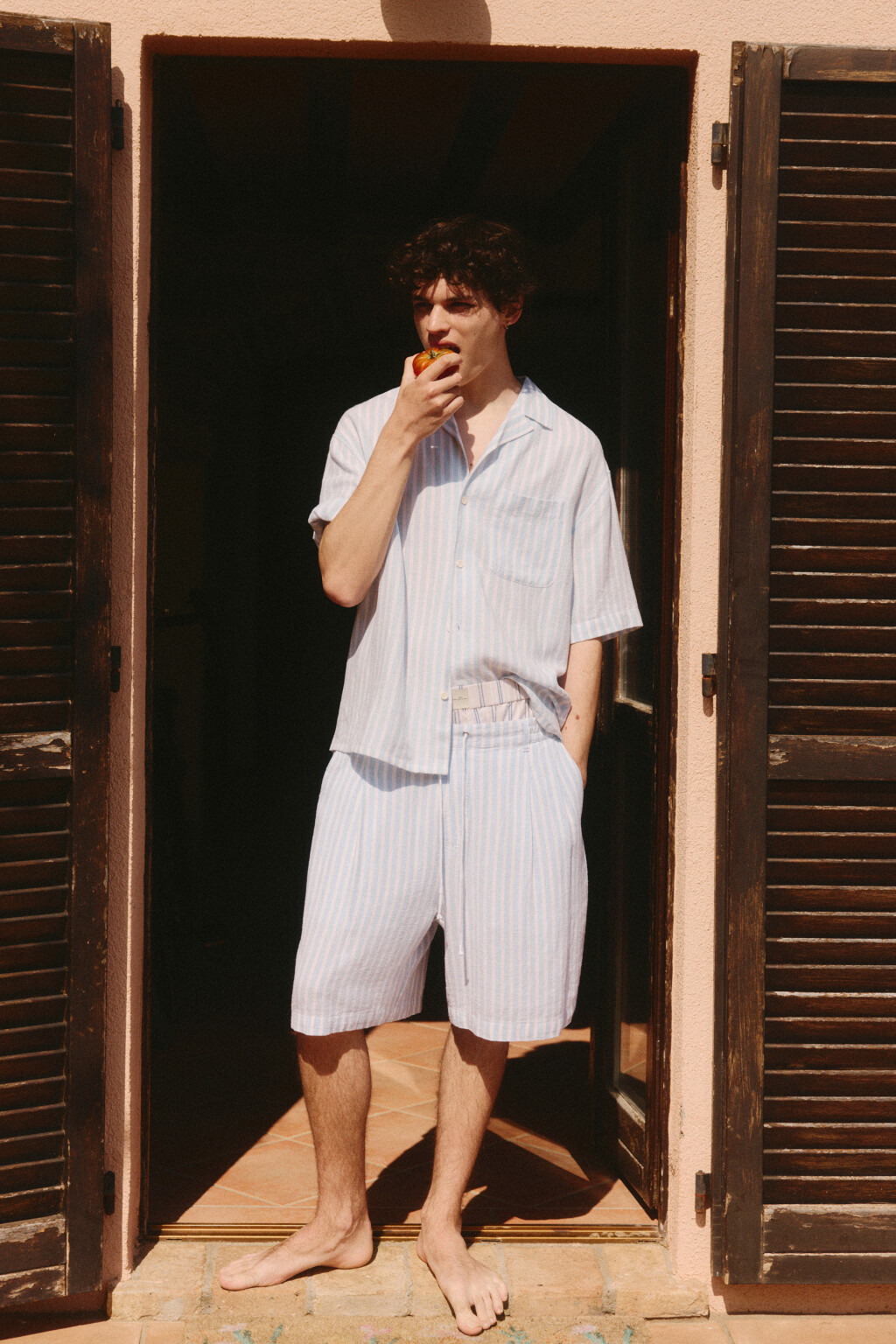 Шорты льняные с поясом на завязках - цвет голубой - 8