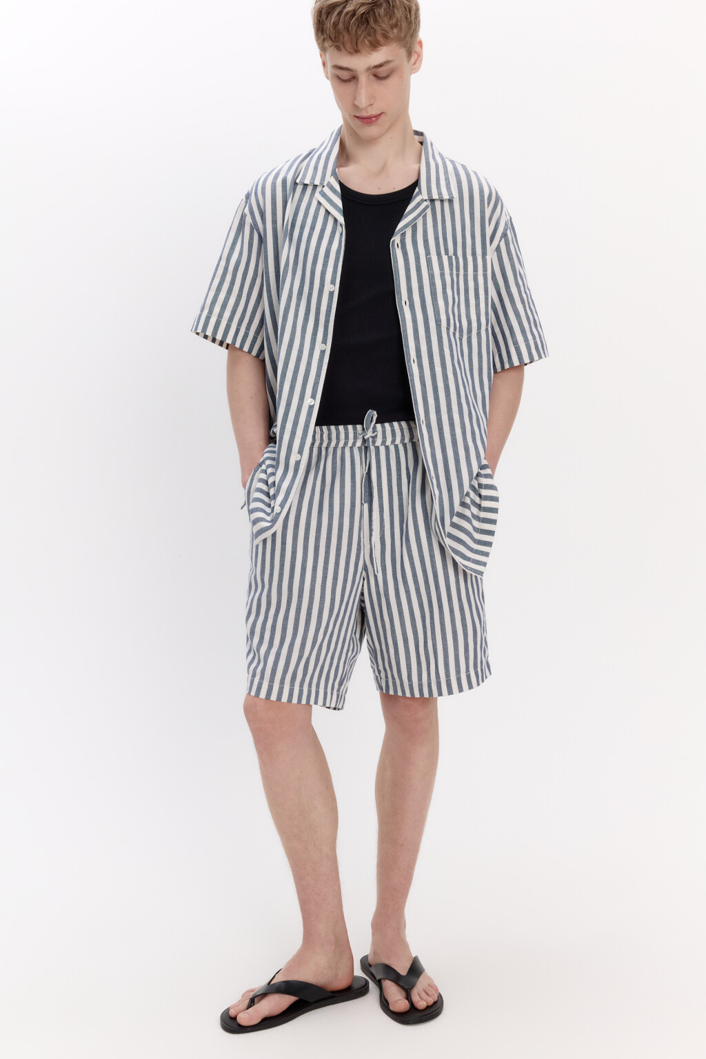 Шорты хлопковые в полоску - цвет синий - 1