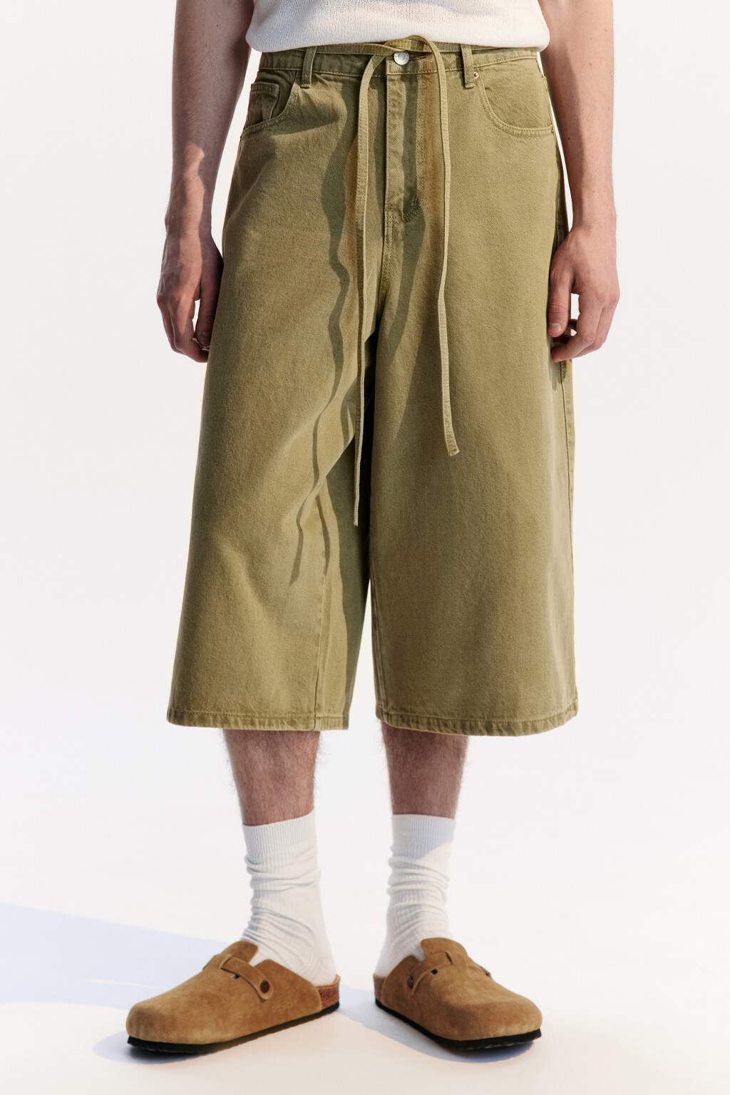 Джортсы из цветного денима со шнурком в поясе - цвет зеленый - 1