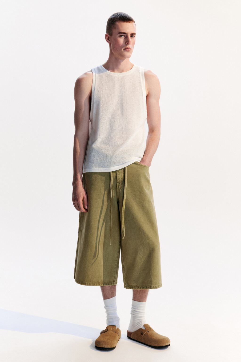 Джортсы из цветного денима со шнурком в поясе - цвет зеленый - 4