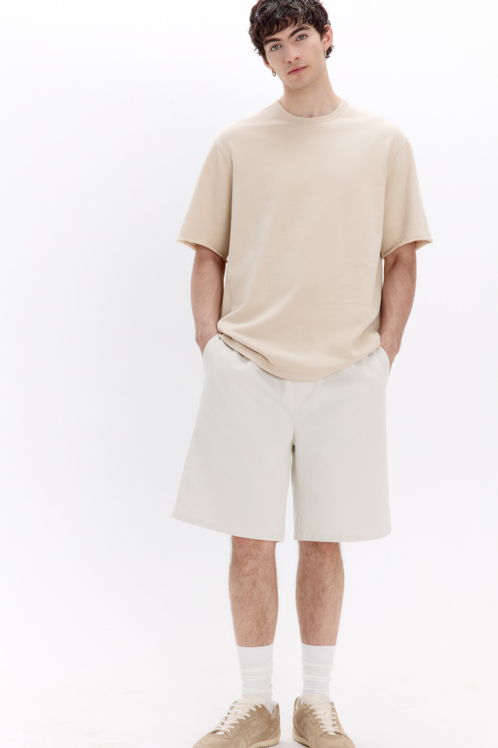 Шорты трикотажные из хлопкового футера - цвет бежевый - 1
