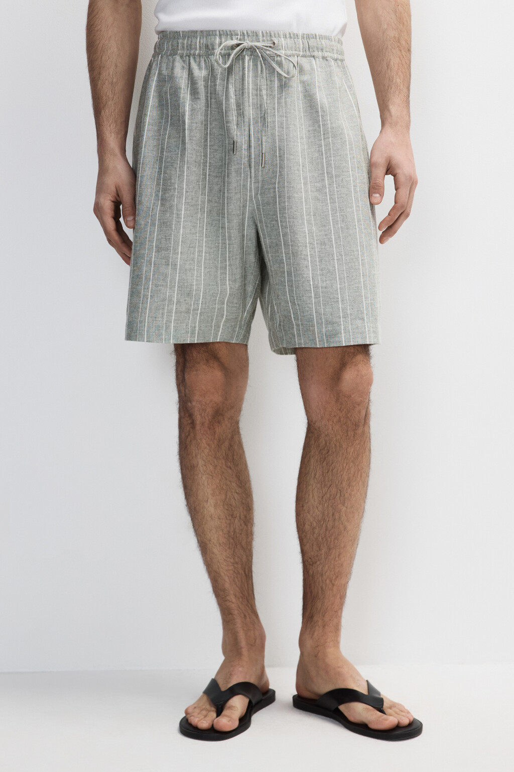 Шорты льняные в полоску - цвет зеленый - 2