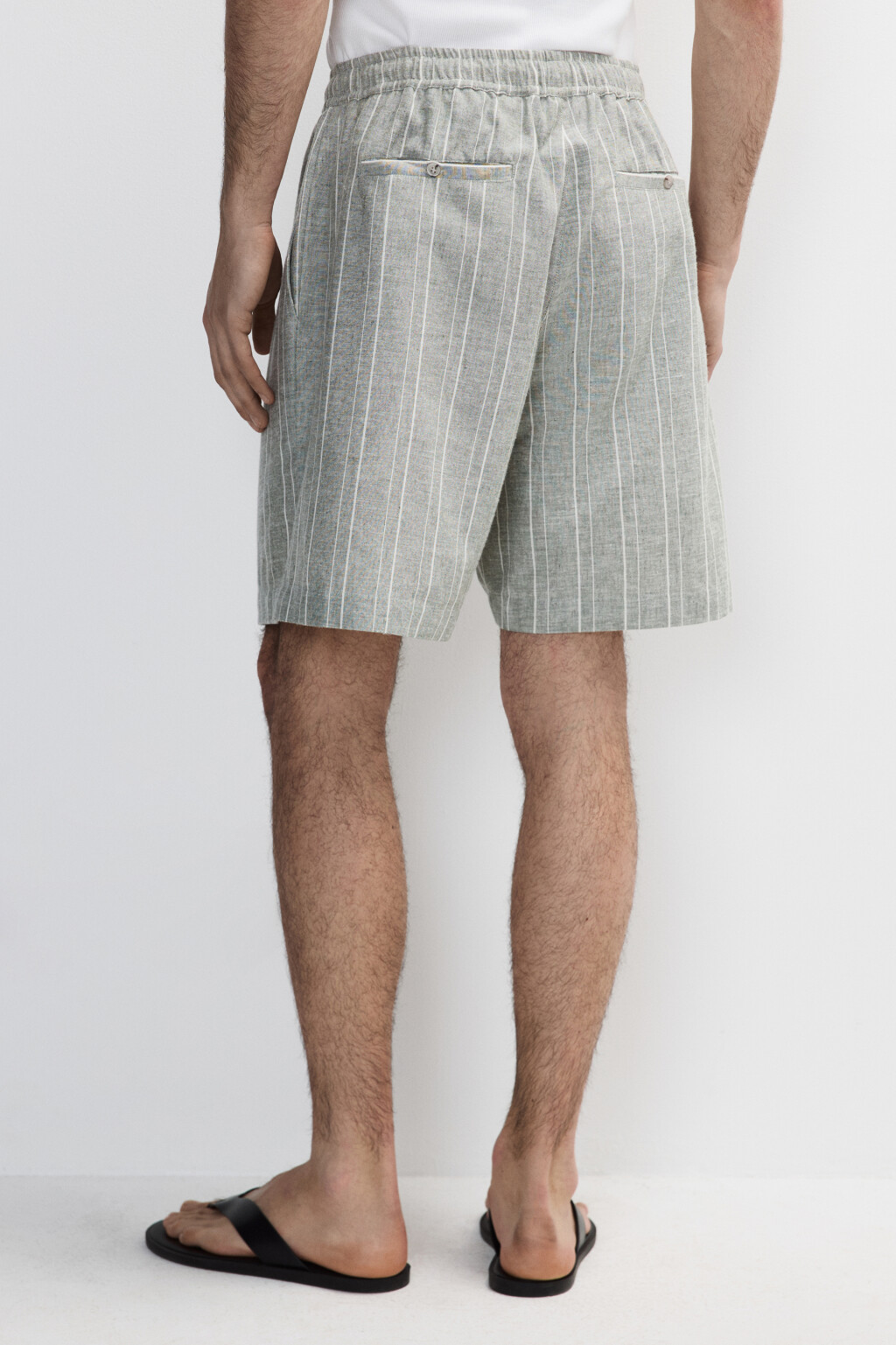 Шорты льняные в полоску - цвет зеленый - 3