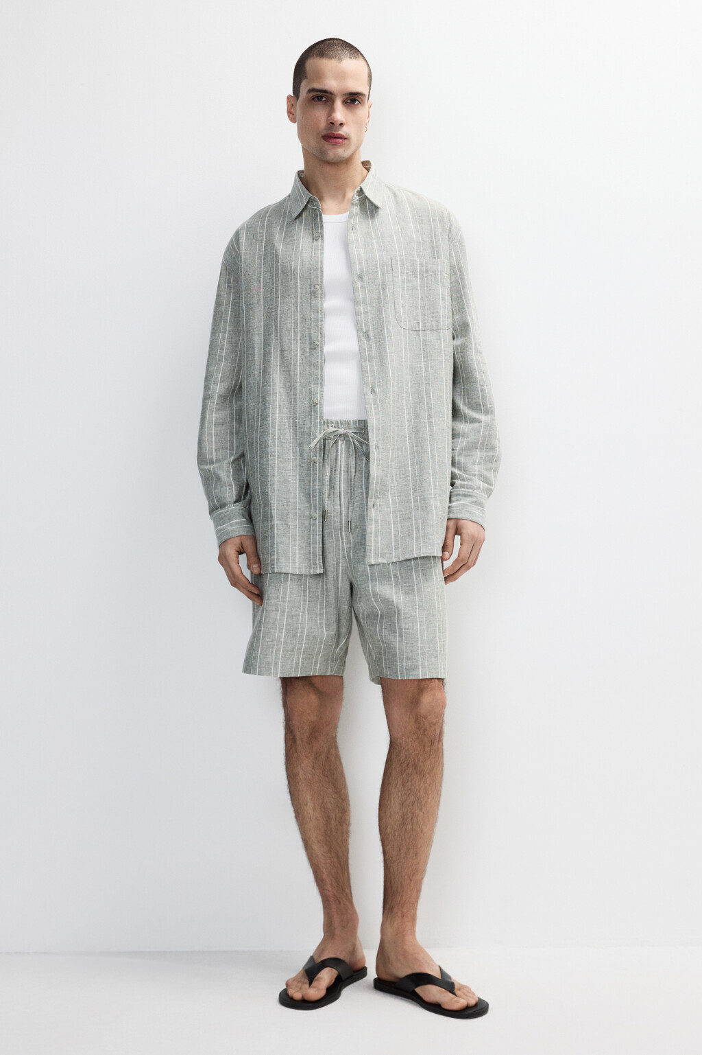 Шорты льняные в полоску - цвет зеленый - 4