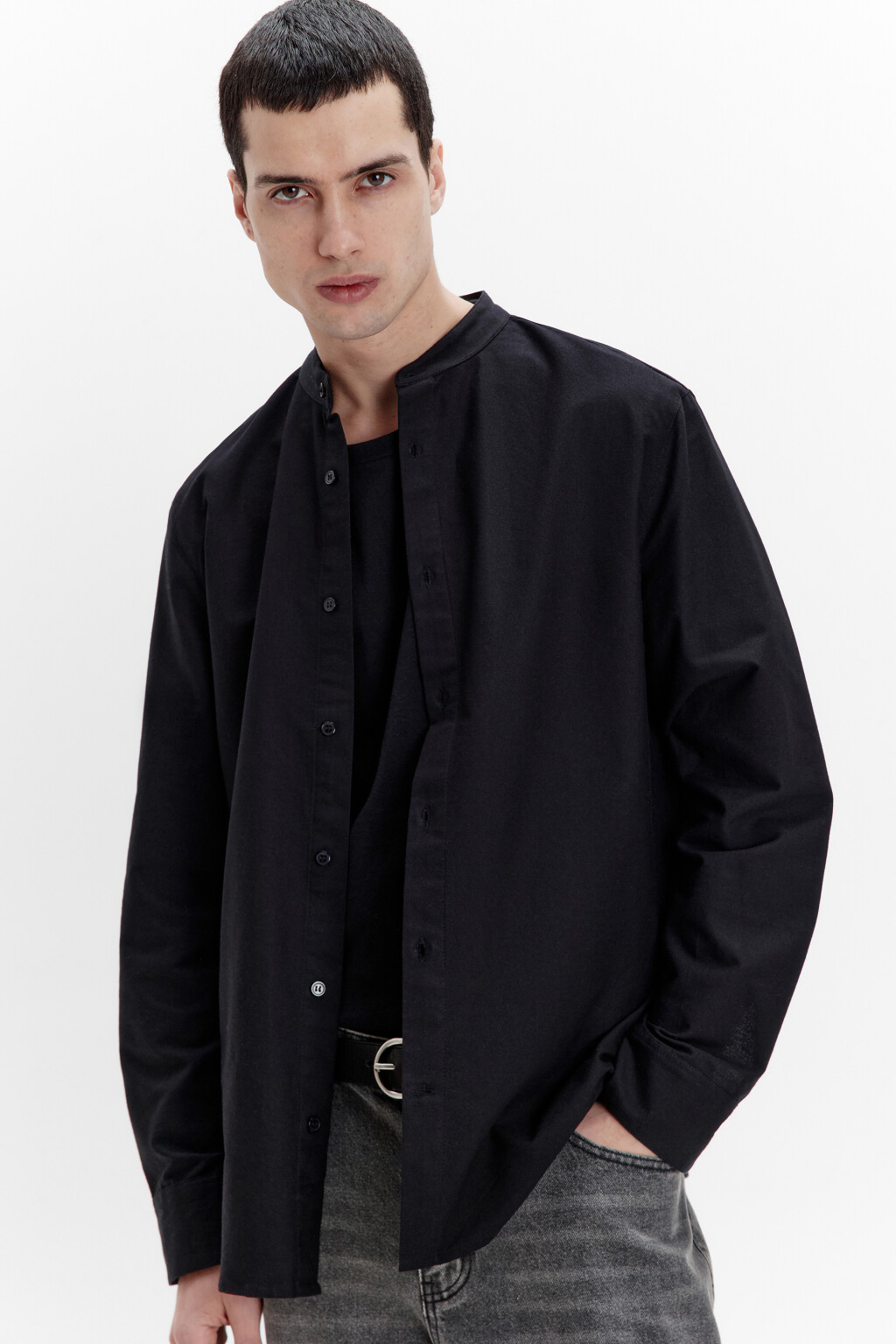 Рубашка хлопковая с воротником-стойкой - цвет черный - 1