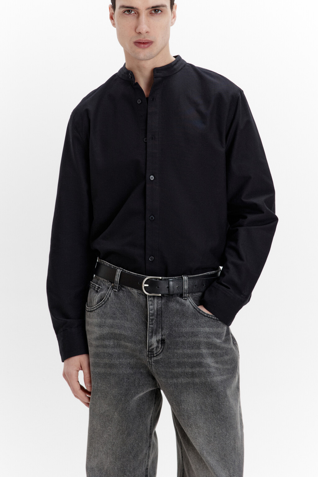 Рубашка хлопковая с воротником-стойкой - цвет черный - 2