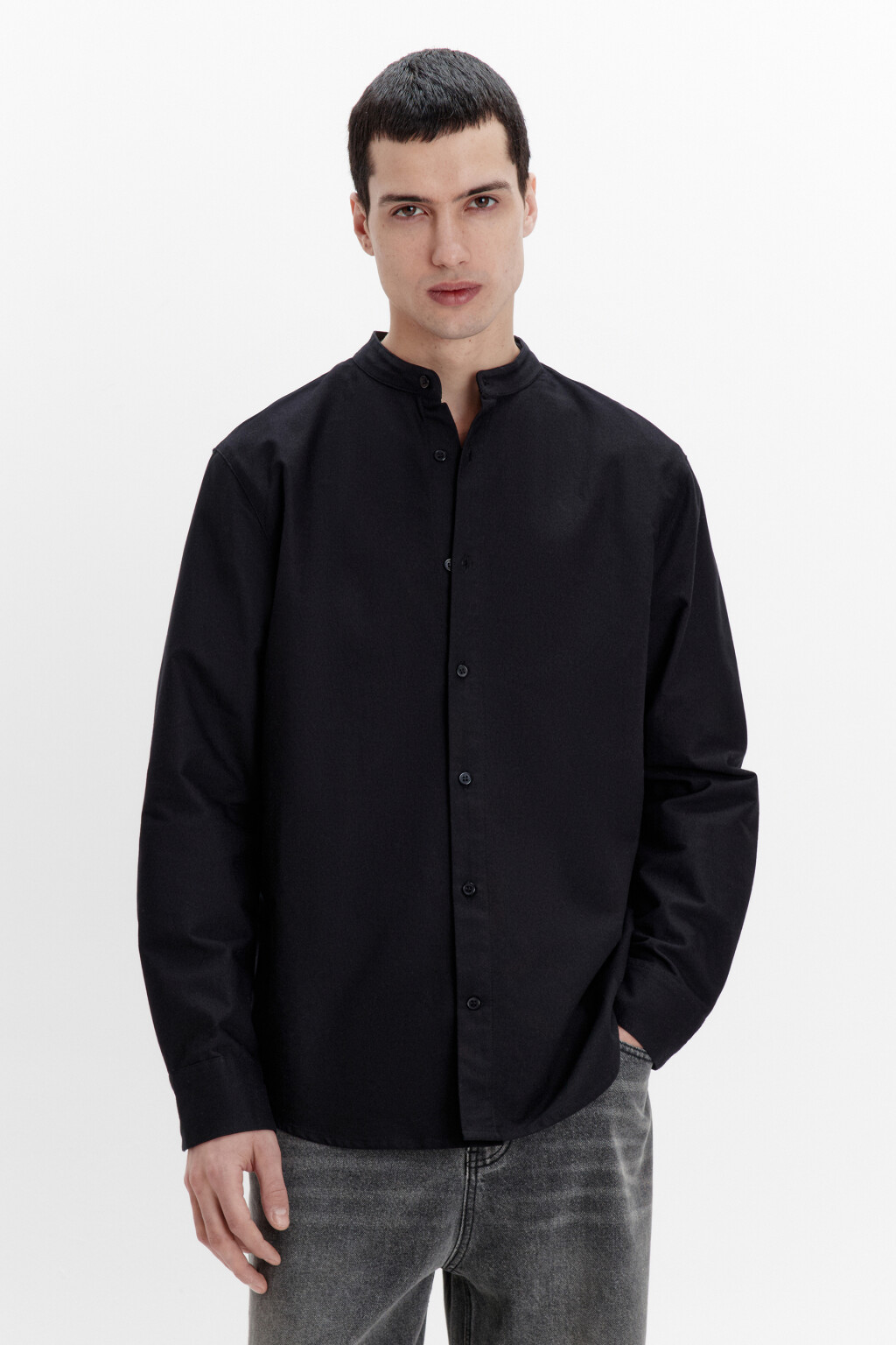 Рубашка хлопковая с воротником-стойкой - цвет черный - 3