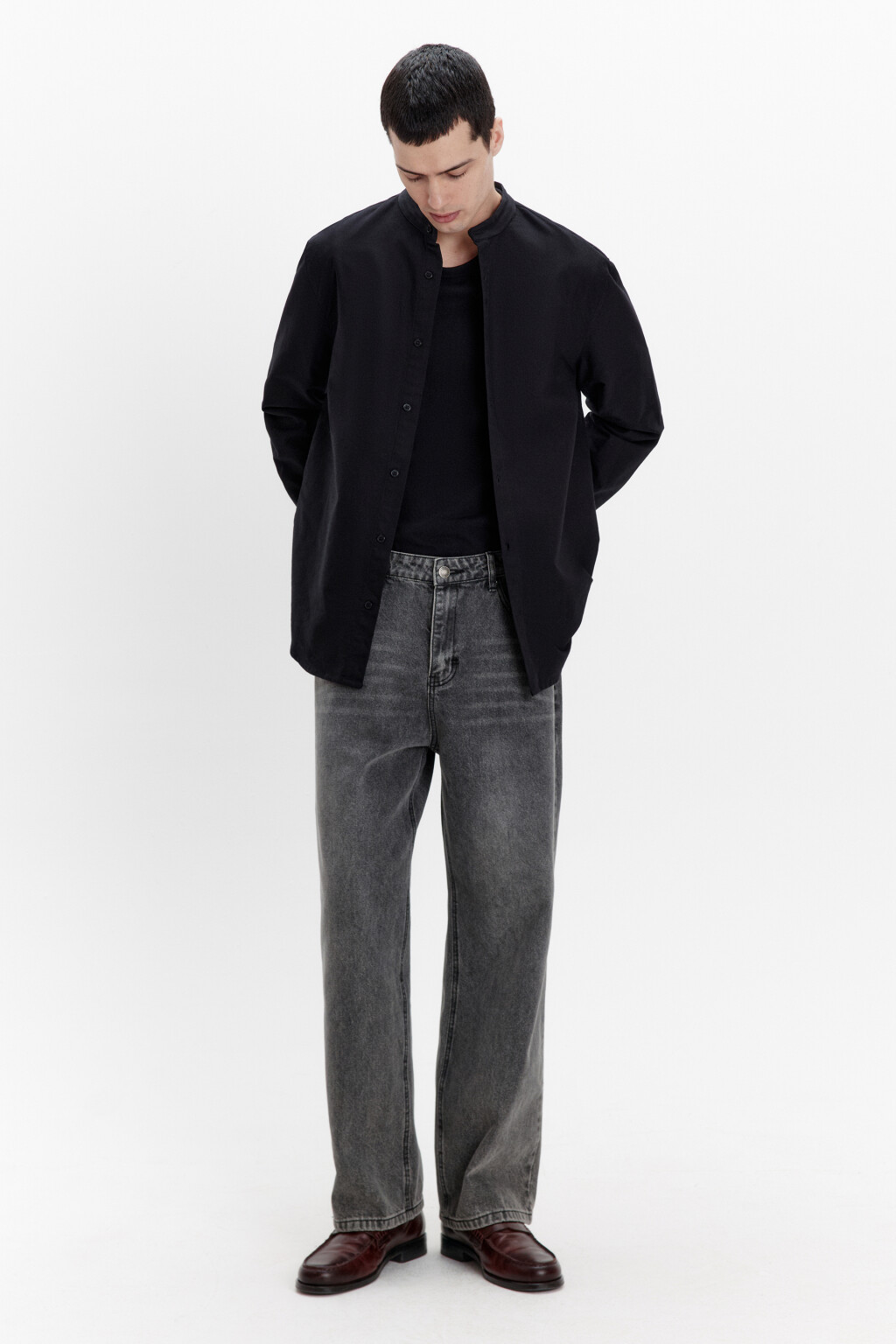 Рубашка хлопковая с воротником-стойкой - цвет черный - 5