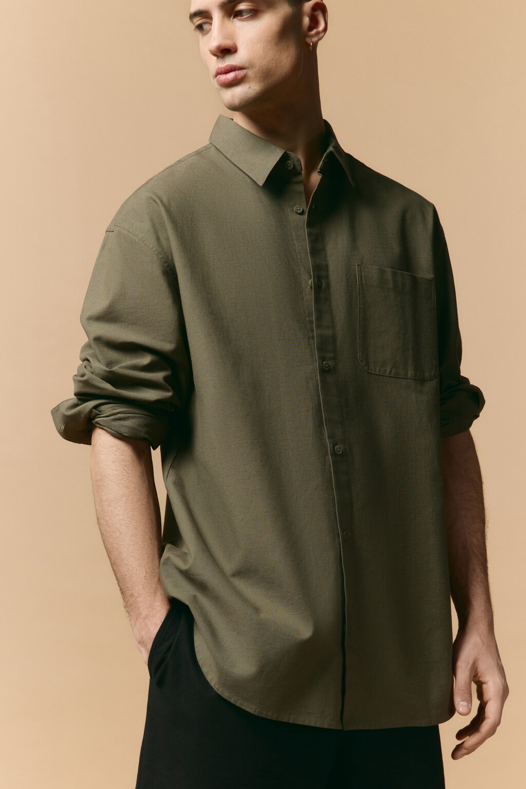 Рубашка льняная с длинным рукавом - цвет зеленый - 1