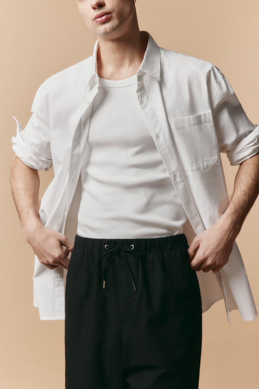 Рубашка льняная с длинным рукавом - цвет белый - 1