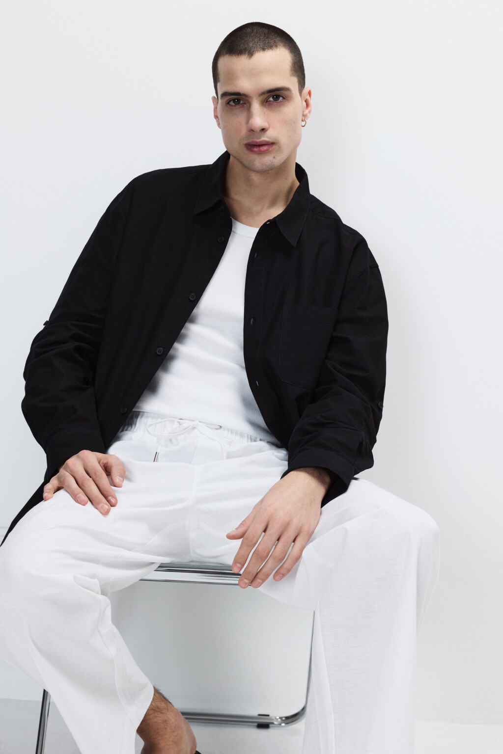 Рубашка льняная с длинным рукавом - цвет черный - 1