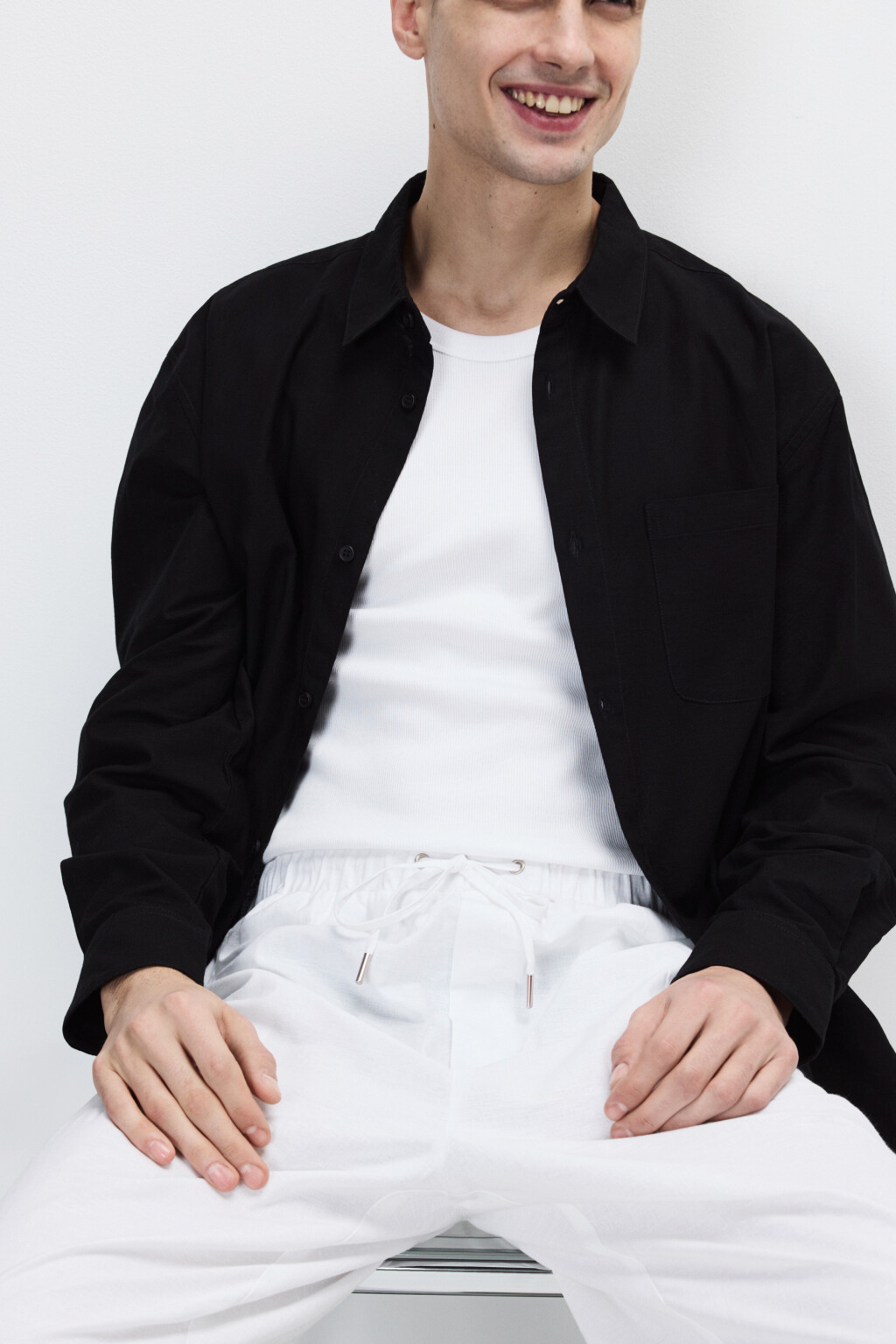 Рубашка льняная с длинным рукавом - цвет черный - 2