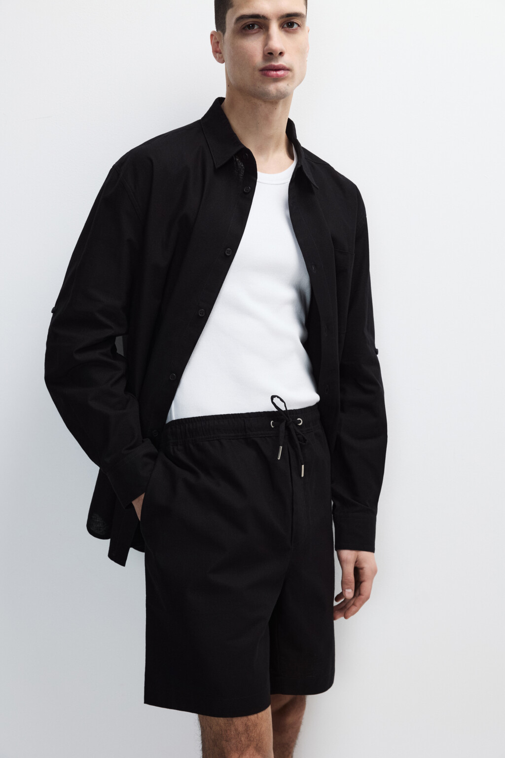 Рубашка льняная с длинным рукавом - цвет черный - 3