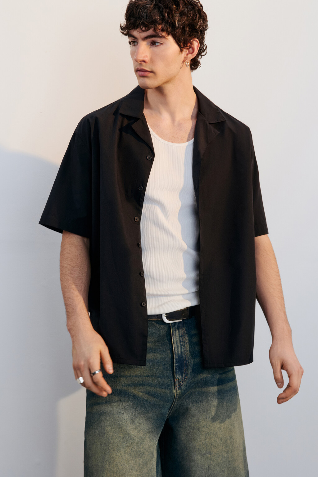 Рубашка прямая с коротким рукавом - цвет черный - 1