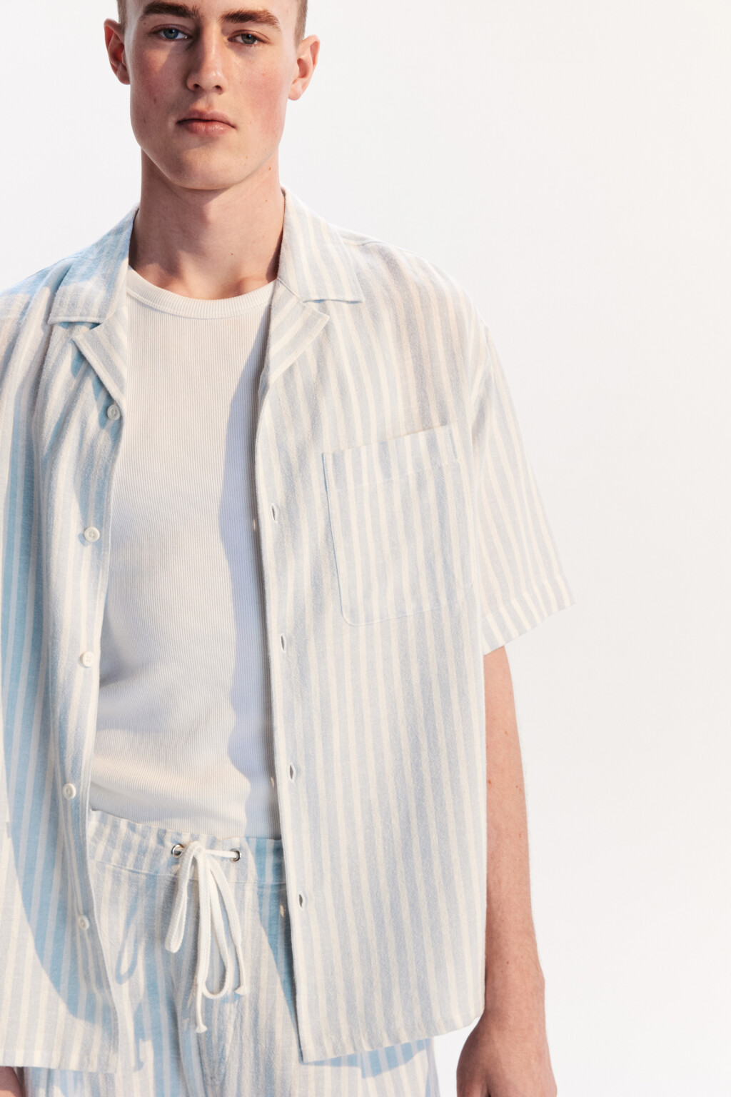 Рубашка льняная с коротким рукавом - цвет голубой - 1