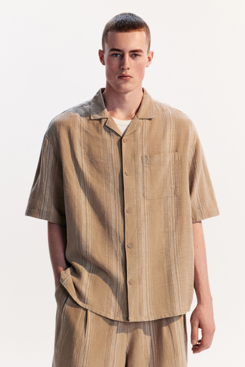 Рубашка льняная с коротким рукавом - цвет бежевый - 3