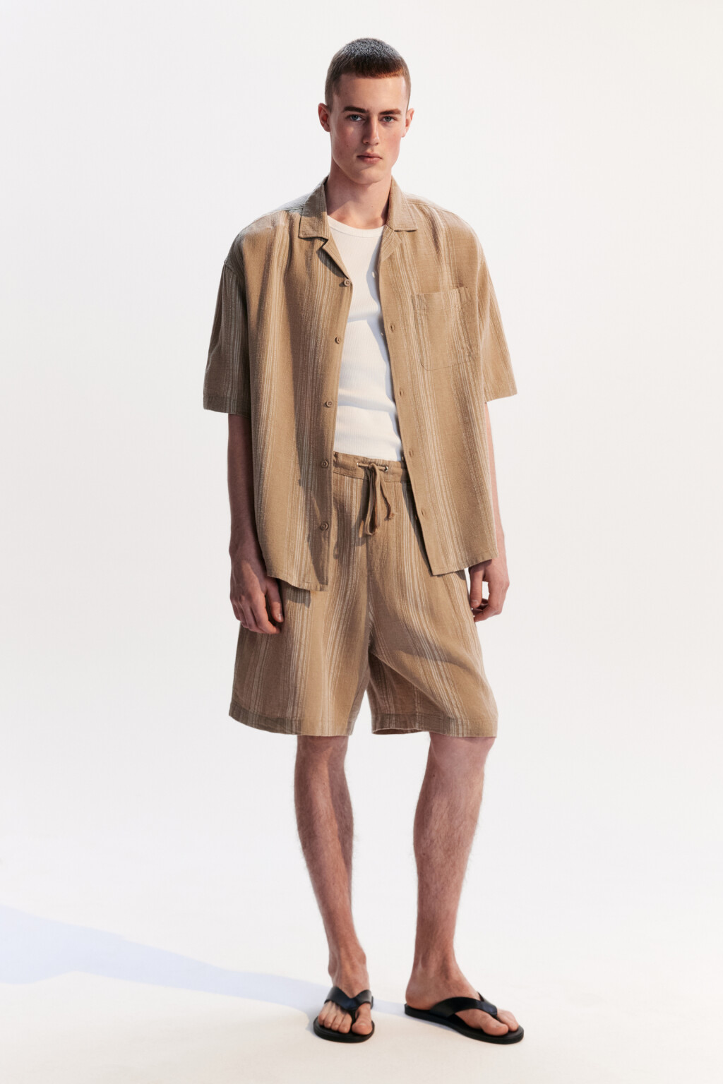 Рубашка льняная с коротким рукавом - цвет бежевый - 5