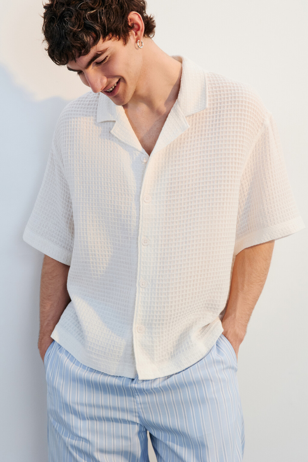 Рубашка хлопковая с вафельной фактурой - цвет белый - 1