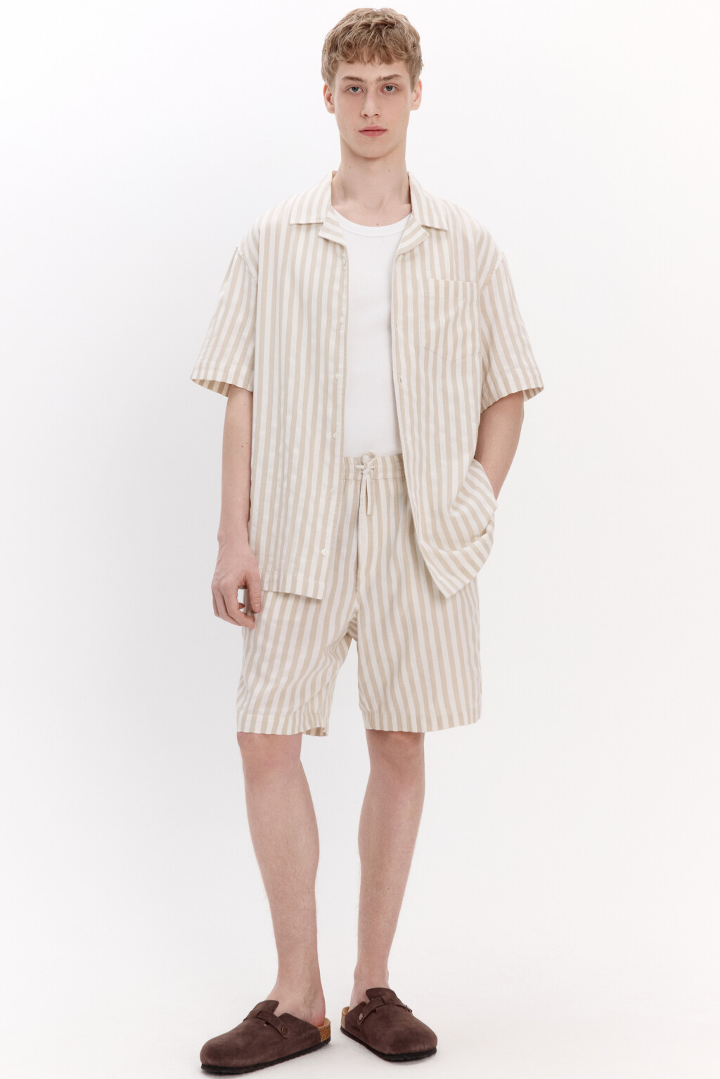 Рубашка хлопковая в полоску - цвет бежевый - 1