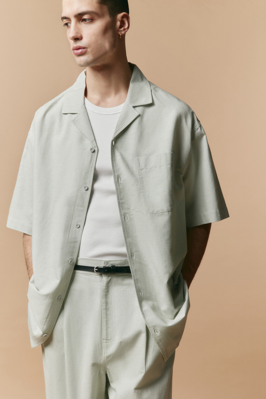 Рубашка льняная с коротким рукавом - цвет зеленый - 1