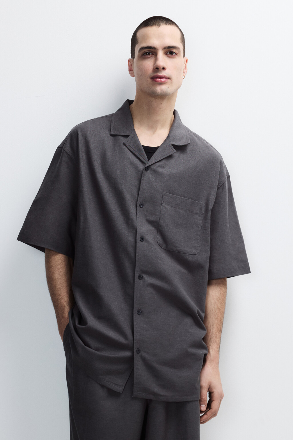 Рубашка льняная с коротким рукавом - цвет серый - 2